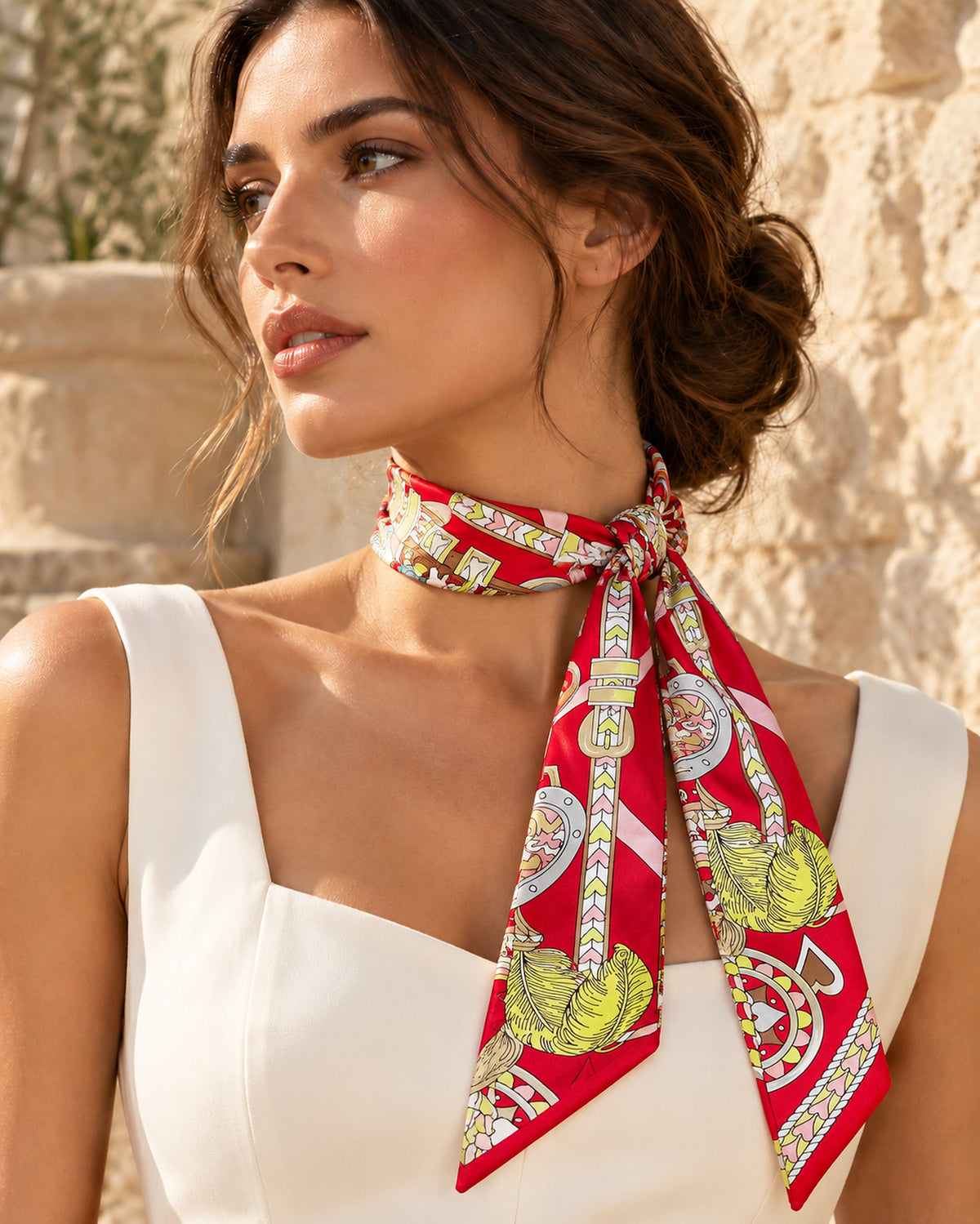 Le Foulard Madreperla rosso — foulard a due punte su modella, alta risoluzione