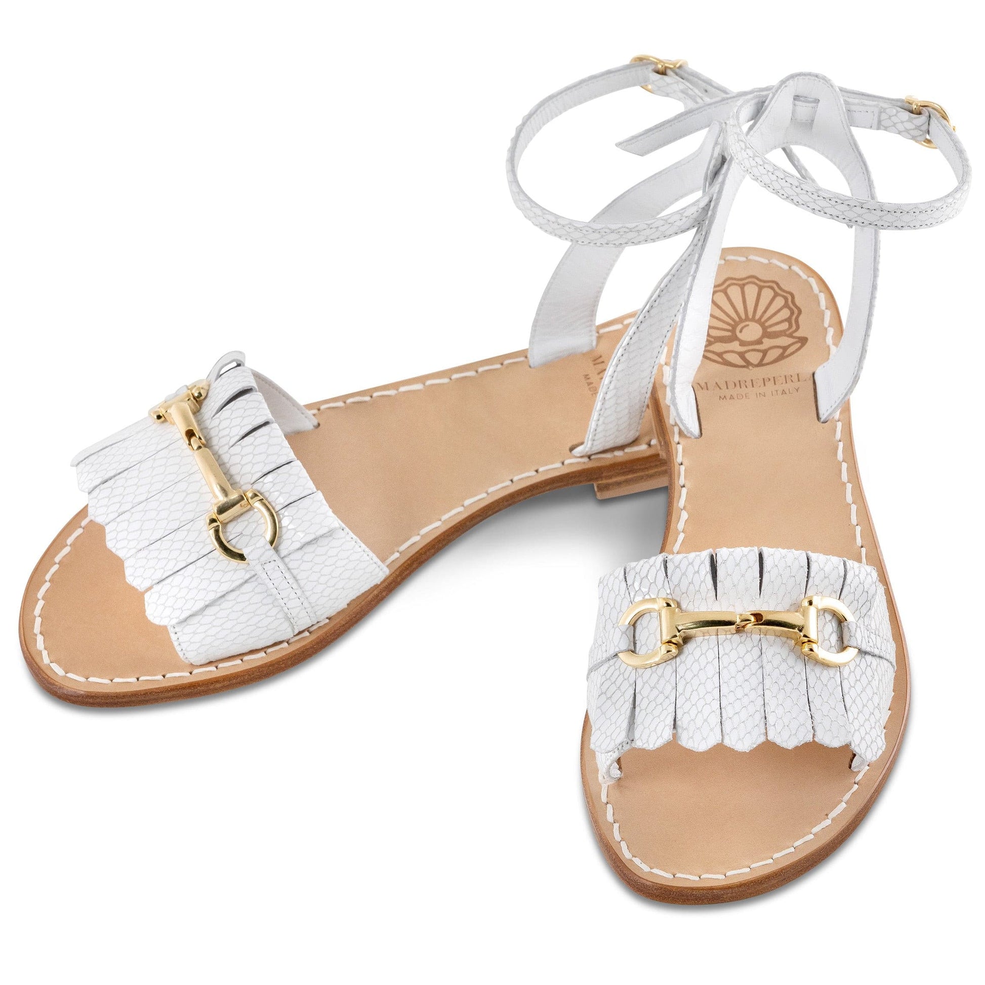 white leather sandal for woman with brass hook