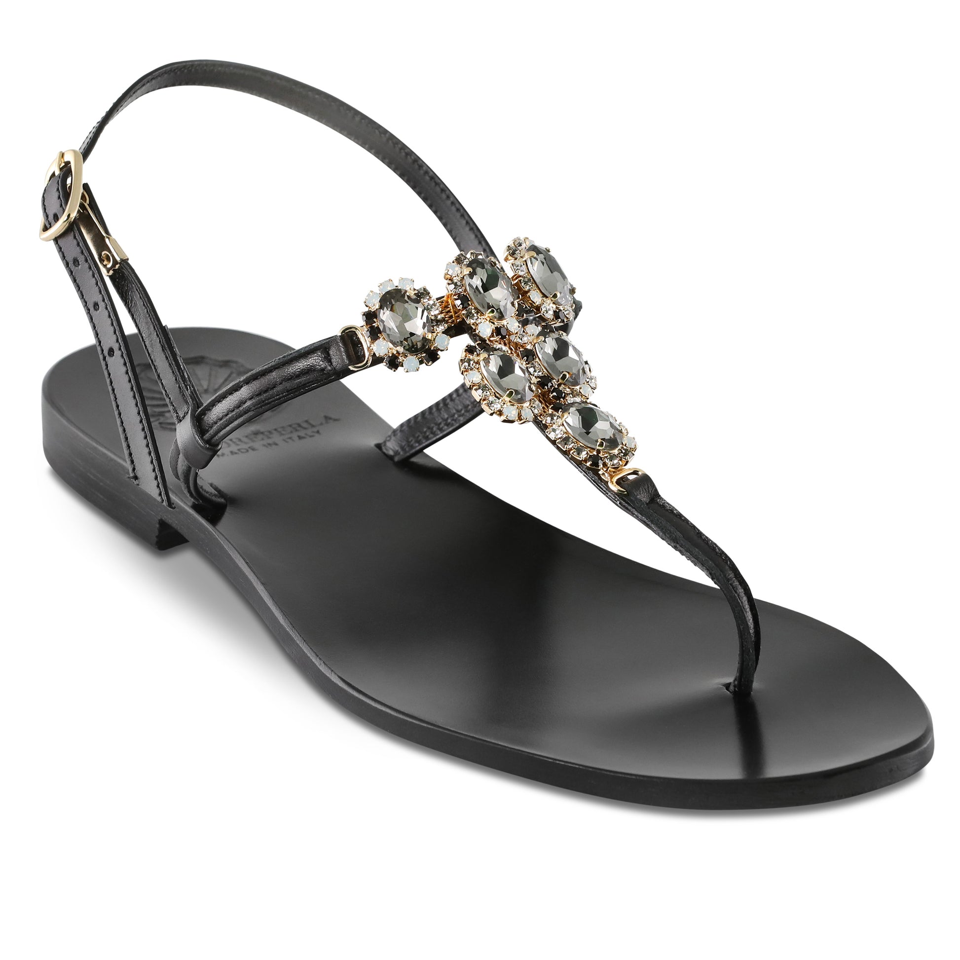 black leather sandal with black swarovskies